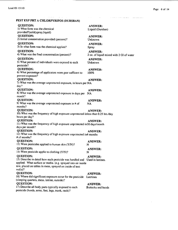   Lead Sheet #15110, Interview with 307th Medical Battalion environmental science officer, February 26, 1998.