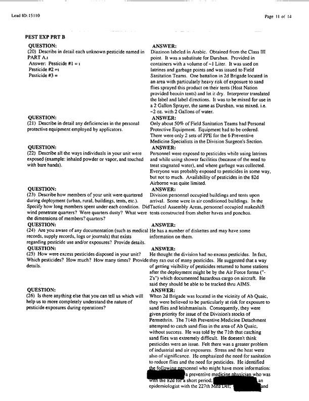   Lead Sheet #15110, Interview with 307th Medical Battalion environmental science officer, February 16, 1998.