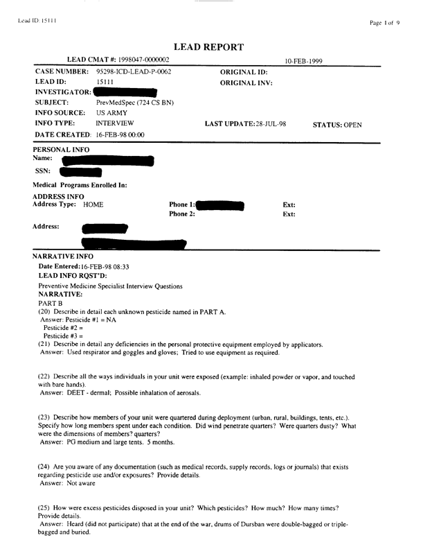 Lead Sheet #15111, Interview with 24th Mechanized Infantry Division preventive medicine specialist, February 16, 1998.