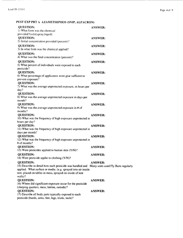 Lead Sheet #15111, Interview with 24th Mechanized Infantry Division preventive medicine specialist, February 16, 1998.