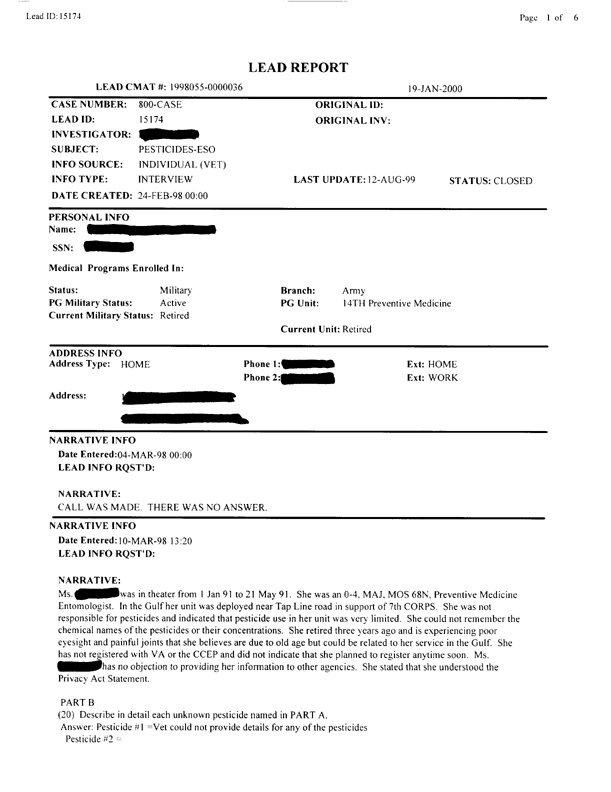   Lead Sheet #15174, Interview with 14th Medical Detachment environmental science officer, March 10, 1998.