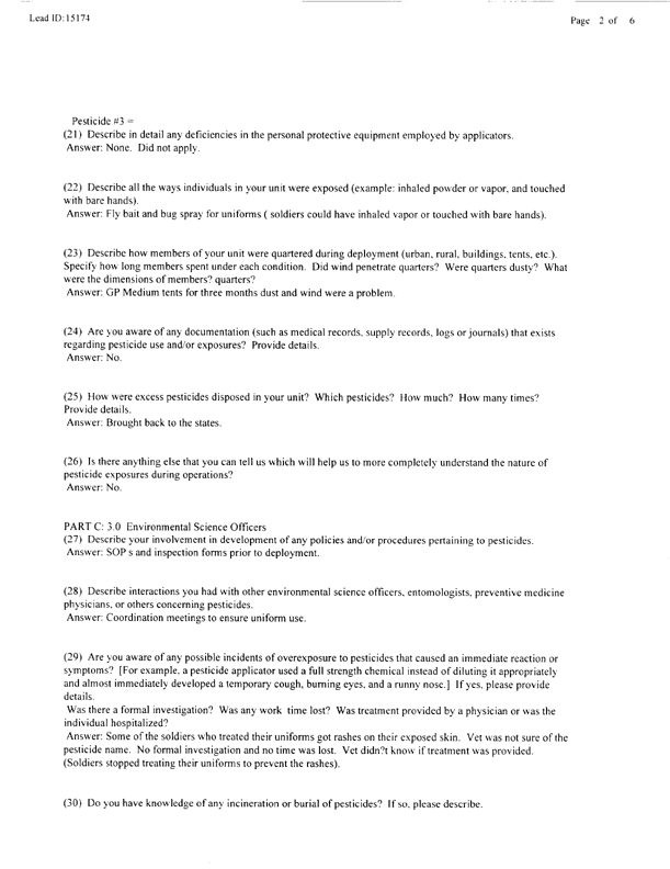   Lead Sheet #15174, Interview with 14th Medical Detachment environmental science officer, March 10, 1998.
