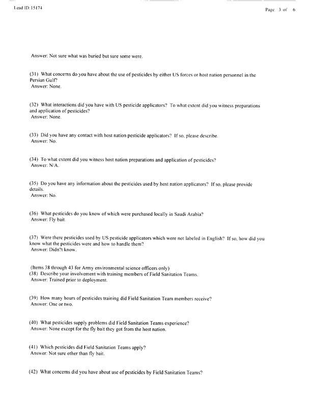   Lead Sheet #15174, Interview with 14th Medical Detachment environmental science officer, March 10, 1998.