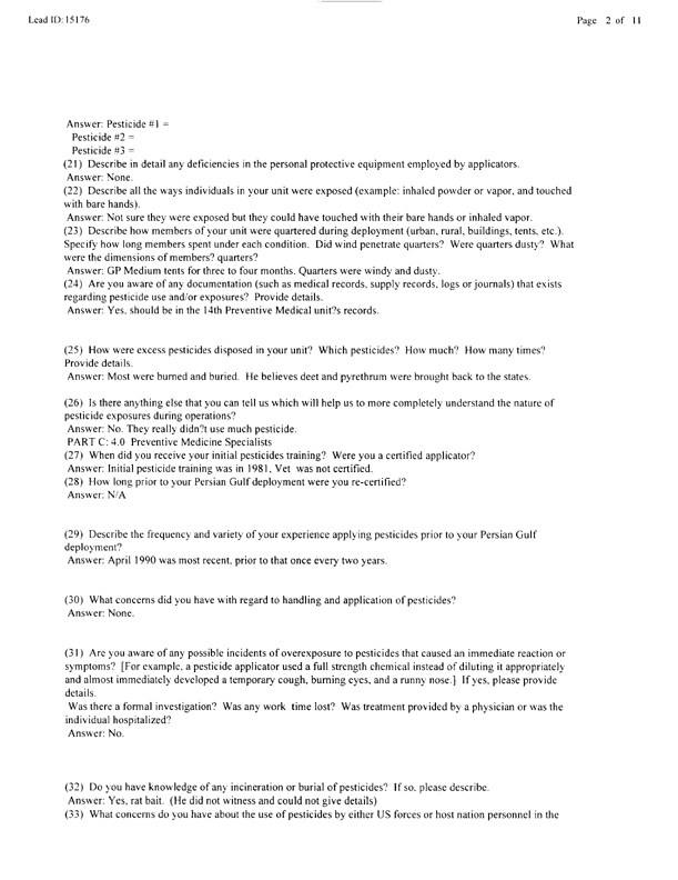   Lead Sheet #15176, Interview with 14th Medical Detachment preventive medicine specialist, March 4, 1998.