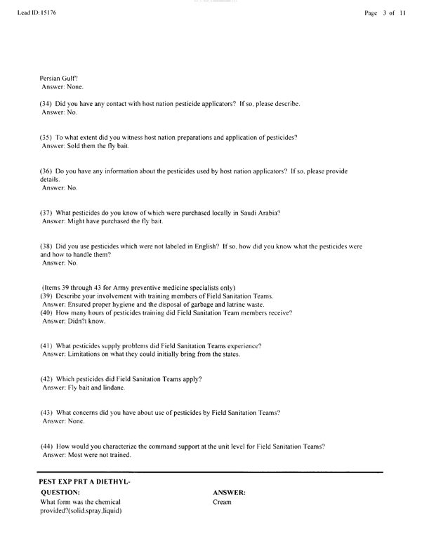   Lead Sheet #15176, Interview with 14th Medical Detachment preventive medicine specialist, March 4, 1998.