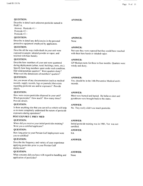   Lead Sheet #15176, Interview with 14th Medical Detachment preventive medicine specialist, March 4, 1998.
