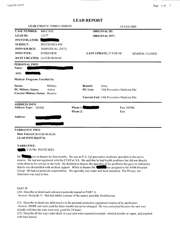   Lead Sheet #15177, Interview with 14th Medical Detachment preventive medicine specialist, February 26, 1998.