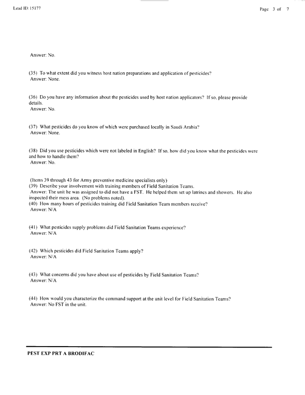   Lead Sheet #15177, Interview with 14th Medical Detachment preventive medicine specialist, February 26, 1998.