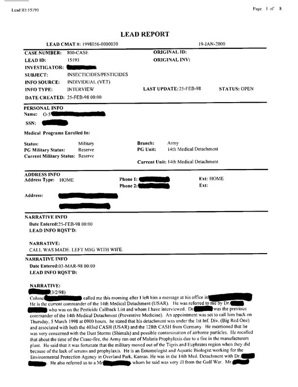   Lead Sheet #15193, Interview with 14th Medical Detachment entomologist, April 14, 1998.