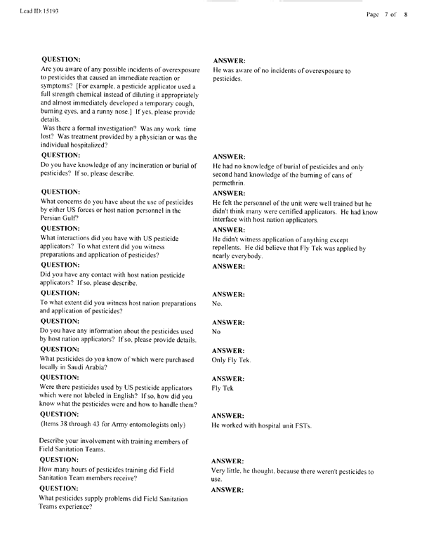   Lead Sheet #15193, Interview with 14th Medical Detachment entomologist, April 14, 1998.