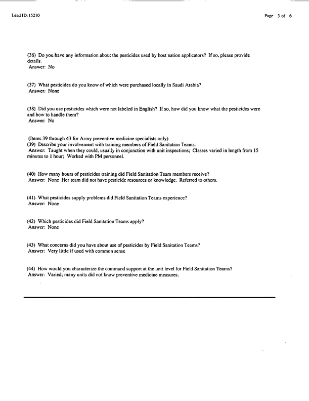   Lead Sheet #15210, Interview with 12th Medical Detachment preventive medicine specialist, February 27, 1998.