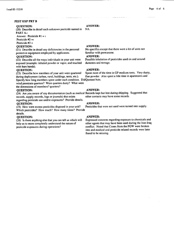   Lead Sheet #15210, Interview with 12th Medical Detachment preventive medicine specialist, February 27, 1998.