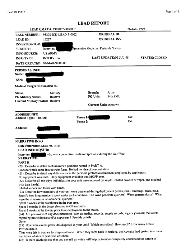   Lead Sheet #15237, Interview with 14th Medical Detachment preventive medicine specialist, March 3, 1998.