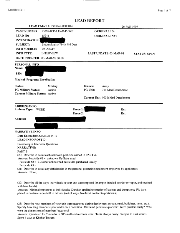   Lead Sheet #15241, Interview with 714th Medical Detachment entomologist, March 3, 1998.