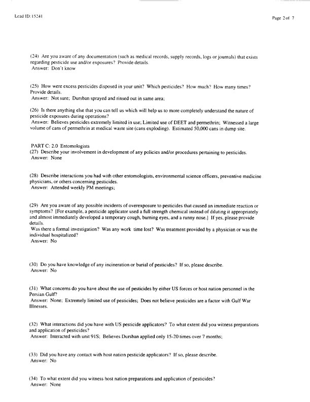   Lead Sheet #15241, Interview with 714th Medical Detachment entomologist, March 3, 1998.