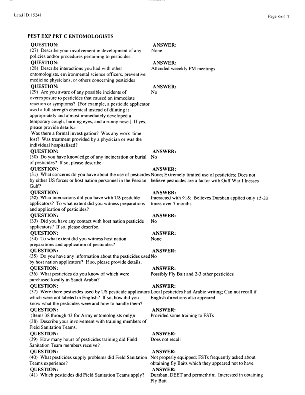   Lead Sheet #15241, Interview with 714th Medical Detachment entomologist, March 3, 1998.
