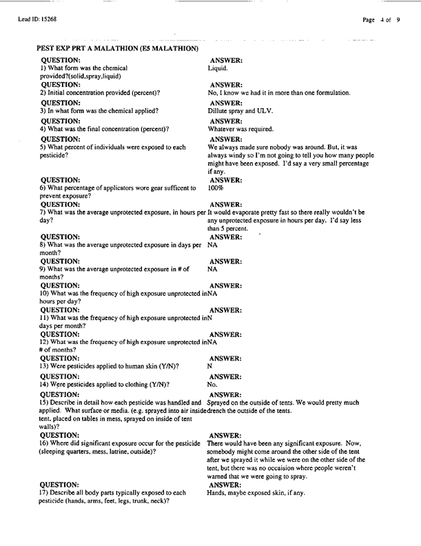   Lead Sheet #15268, Interview with 2nd Medical Battalion preventive medicine specialist, July 29, 1998.