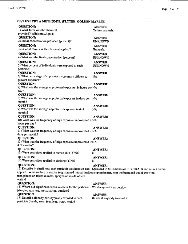   Lead Sheet #15268, Interview with 2nd Medical Battalion preventive medicine specialist, July 29, 1998.