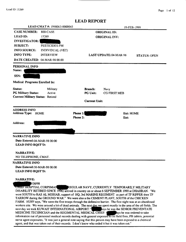 Lead Sheet #15269, Interview with 1st MEF Preventive medicine technician, March 4, 1998.