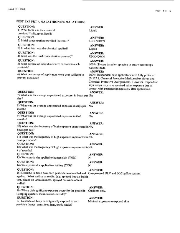 Lead Sheet #15269, Interview with 1st MEF Preventive medicine technician, March 4, 1998.