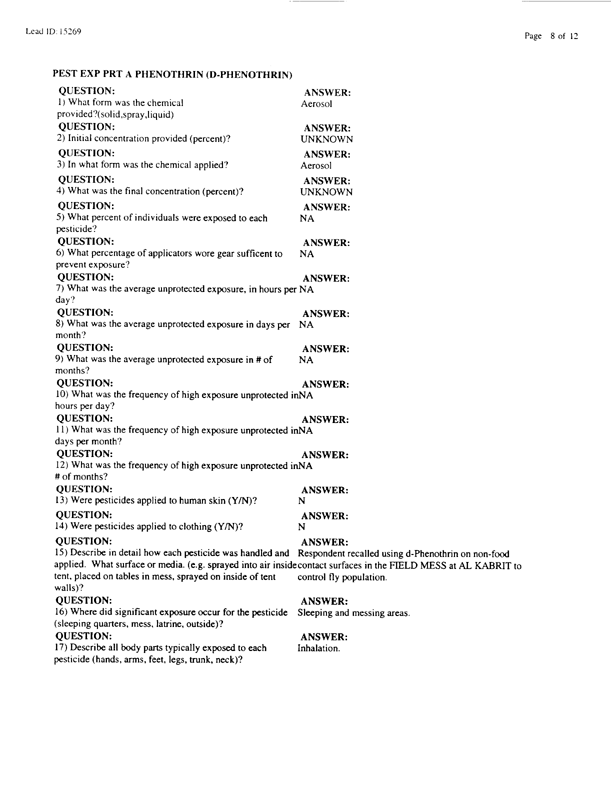 Lead Sheet #15269, Interview with 1st MEF Preventive medicine technician, March 4, 1998.