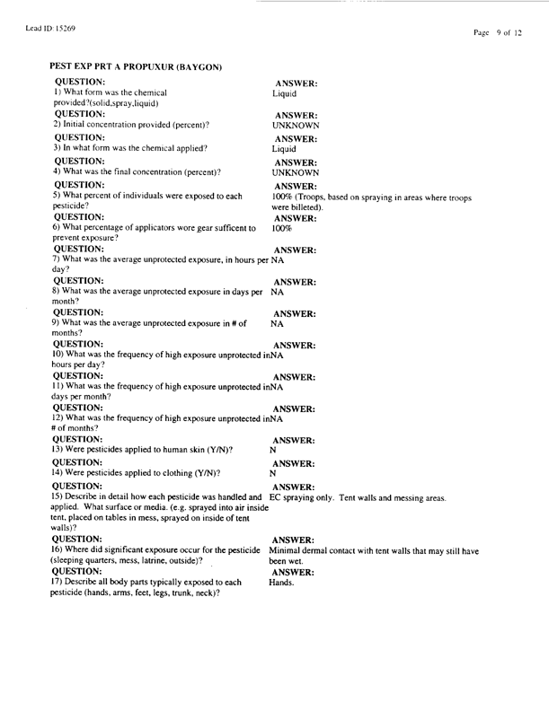 Lead Sheet #15269, Interview with 1st MEF Preventive medicine technician, March 4, 1998.
