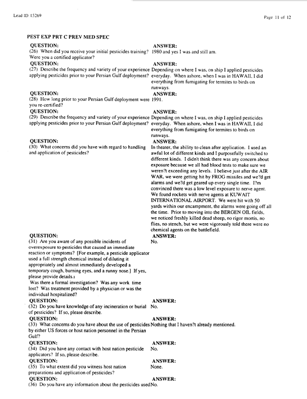Lead Sheet #15269, Interview with 1st MEF Preventive medicine technician, March 4, 1998.