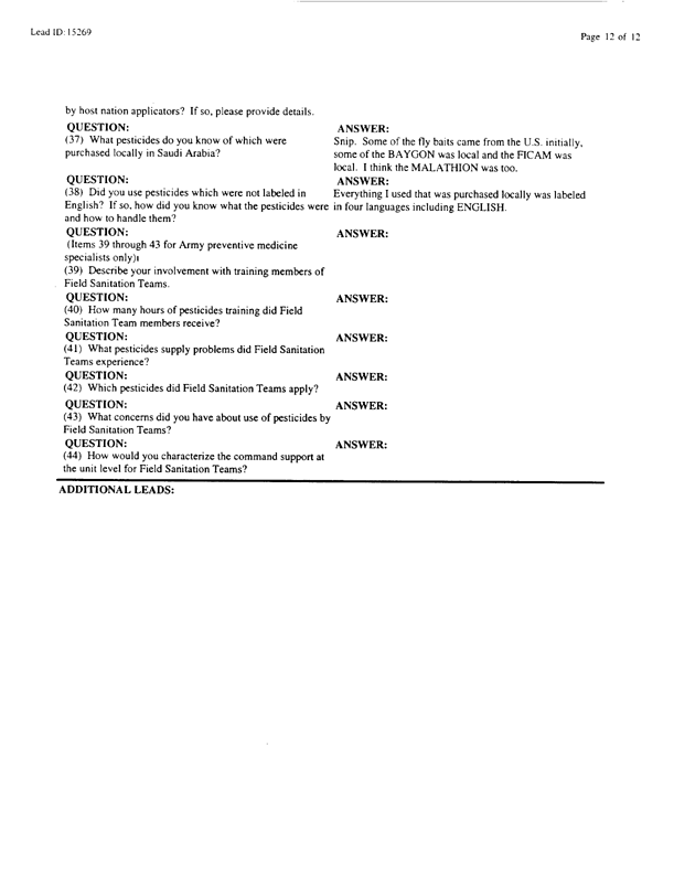 Lead Sheet #15269, Interview with 1st MEF Preventive medicine technician, March 4, 1998.