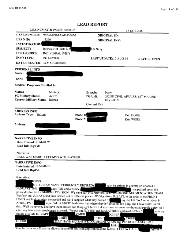   Lead Sheet #15270, Interview with 1st Medical Battalion preventive medicine technician, March 4, 1998.