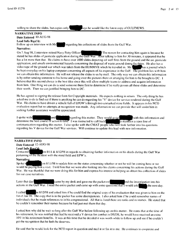   Lead Sheet #15270, Interview with 1st Medical Battalion preventive medicine technician, March 4, 1998.