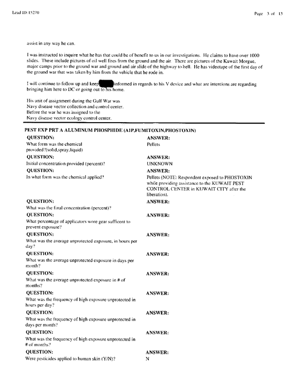   Lead Sheet #15270, Interview with 1st Medical Battalion preventive medicine technician, March 4, 1998.