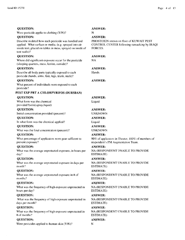   Lead Sheet #15270, Interview with 1st Medical Battalion preventive medicine technician, March 4, 1998.
