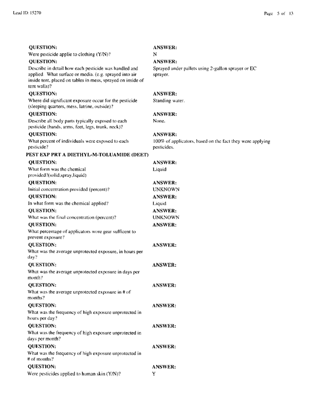   Lead Sheet #15270, Interview with 1st Medical Battalion preventive medicine technician, March 4, 1998.