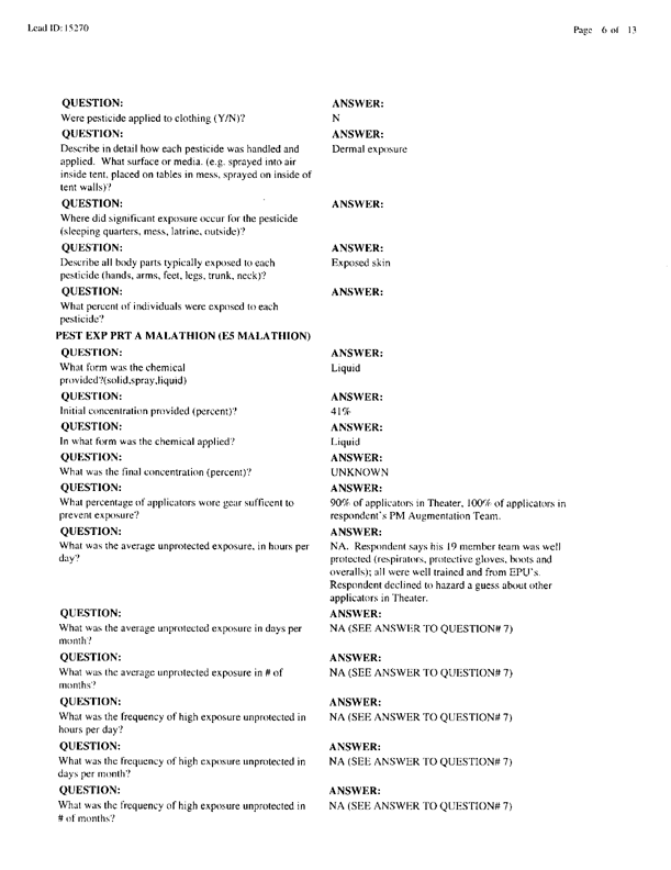  Lead Sheet #15270, Interview with 1st Medical Battalion preventive medicine technician, March 4, 1998.