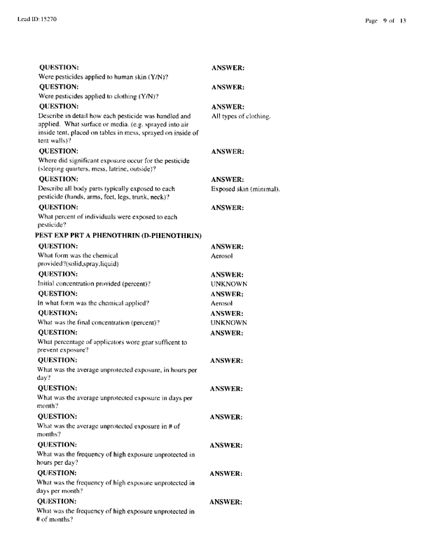   Lead Sheet #15270, Interview with 1st Medical Battalion preventive medicine technician, March 30, 1998.