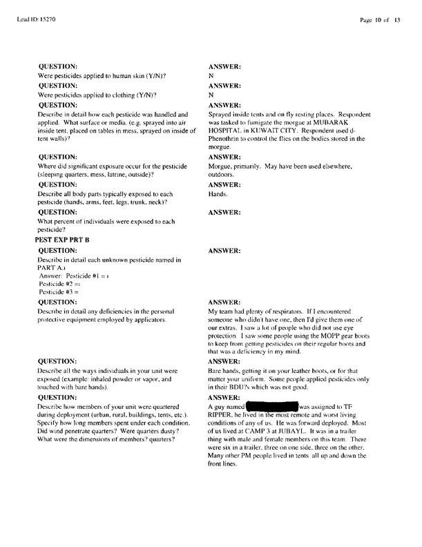   Lead Sheet #15270, Interview with 1st Medical Battalion preventive medicine technician, March 30, 1998.