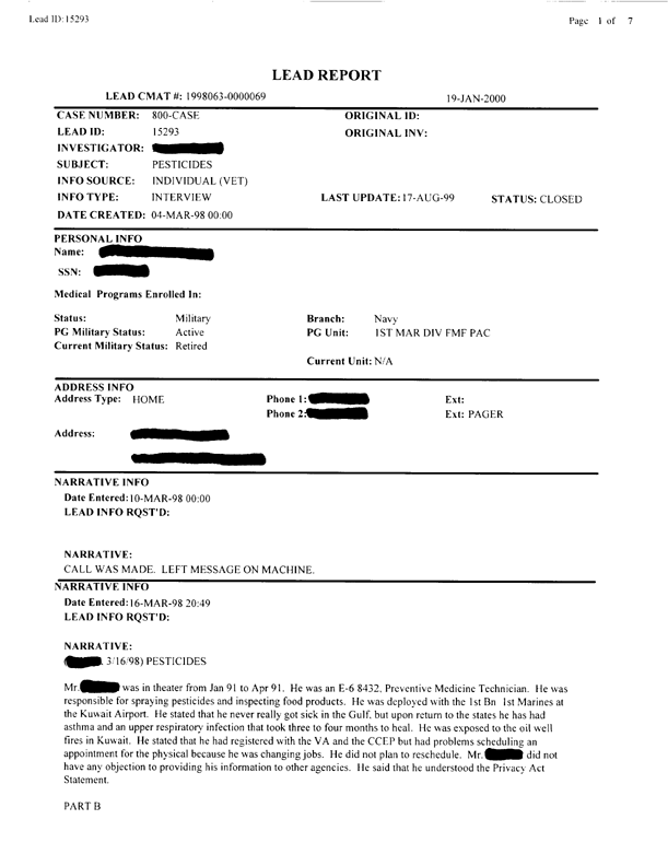 Lead Sheet #15293, Interview with 1st Marine Division preventive medicine technician, March 16, 1998.