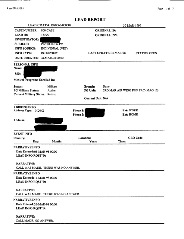   Lead Sheet #15295, Interview with 3rd Marine Air Wing preventive medicine technician, July 2, 1998.