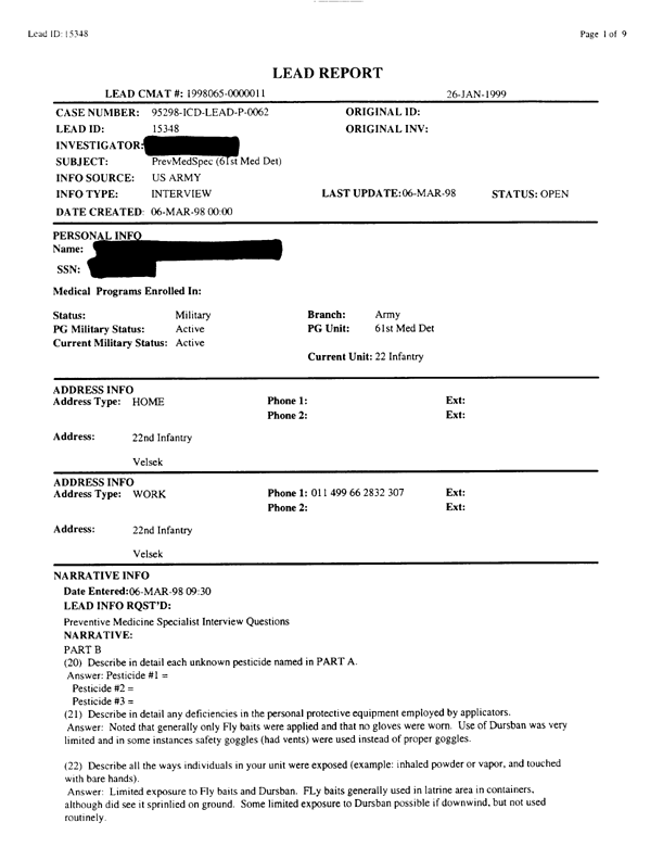   Lead Sheet #15348, Interview with 61st Medical Detachment preventive medicine technician, March 6, 1998.