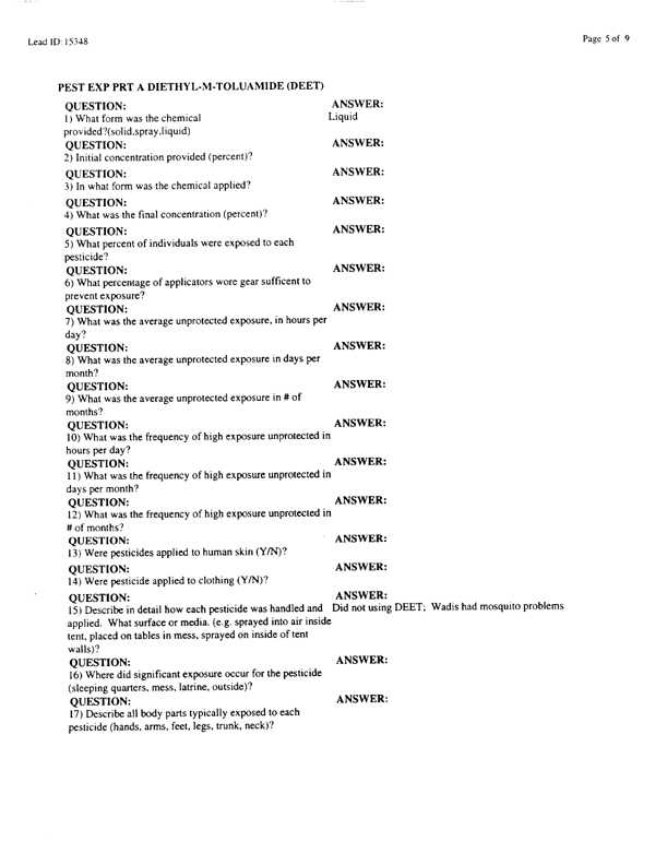   Lead Sheet #15348, Interview with 61st Medical Detachment preventive medicine technician, March 6, 1998.
