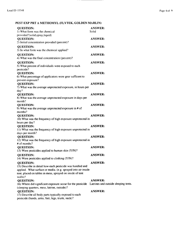   Lead Sheet #15348, Interview with 61st Medical Detachment preventive medicine technician, March 6, 1998.