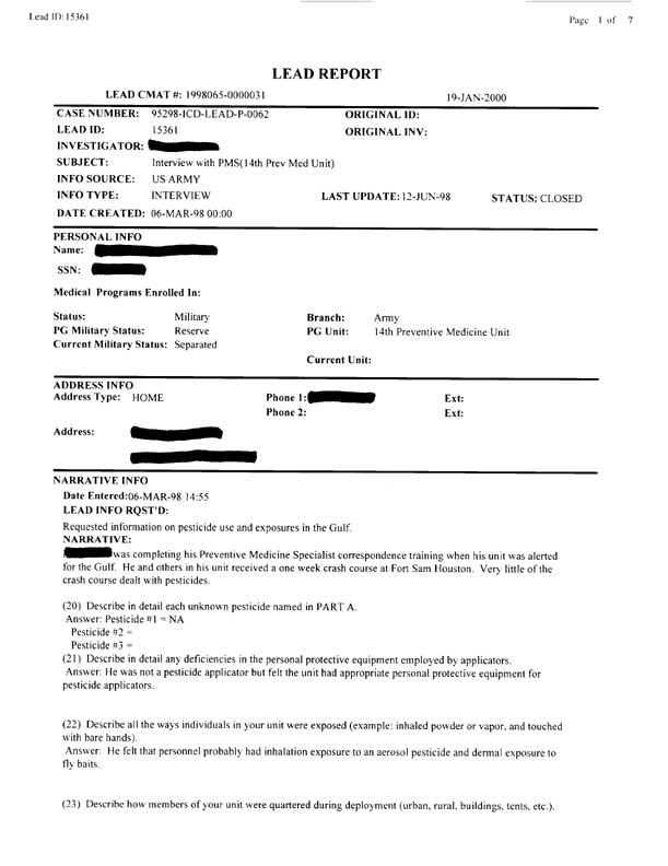   Lead Sheet #15361, Interview with 14th Medical Detachment preventive medicine specialist, March 6, 1998.