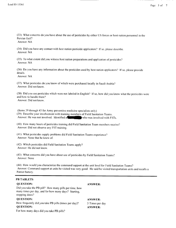   Lead Sheet #15361, Interview with 14th Medical Detachment preventive medicine specialist, March 6, 1998.