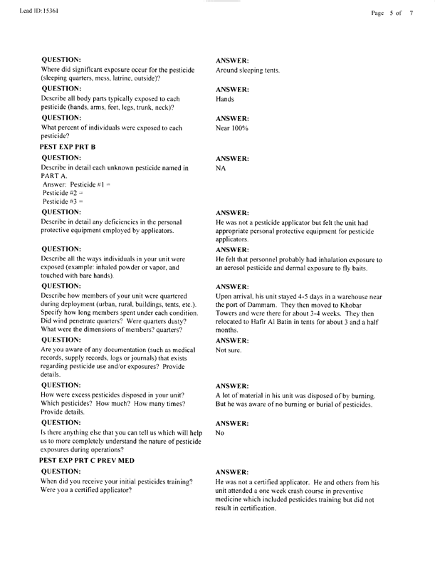   Lead Sheet #15361, Interview with 14th Medical Detachment preventive medicine specialist, March 6, 1998.