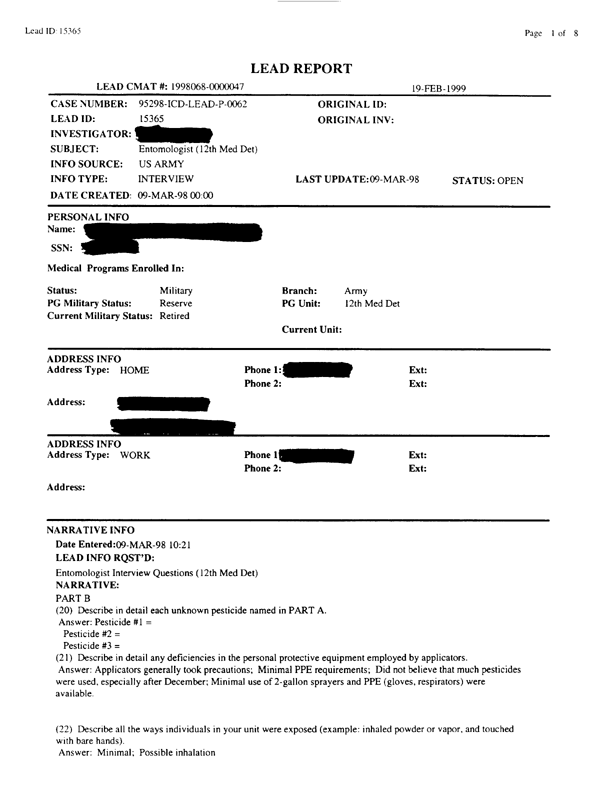   Lead Sheet #15365, Interview with 12th Medical Detachment entomologist, March 9, 1998.