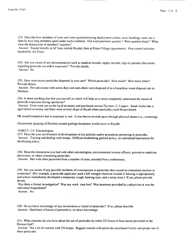   Lead Sheet #15365, Interview with 12th Medical Detachment entomologist, March 9, 1998.