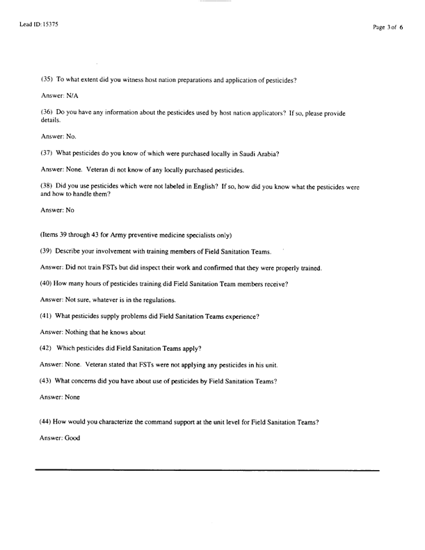   Lead Sheet #15375, Interview with 714th Medical Detachment preventive medicine specialist, March 9, 1998.