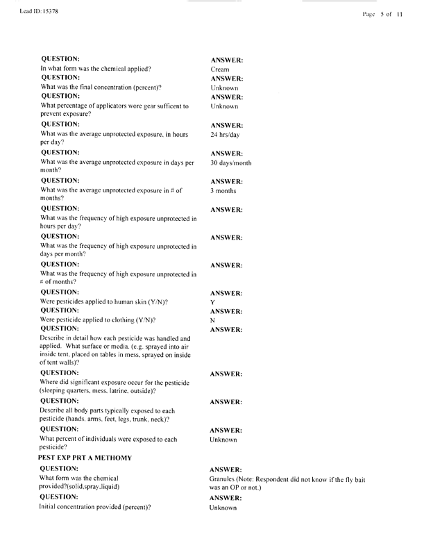  Lead Sheet #15378, Interview with 14th Medical Detachment preventive medicine specialist, March 9, 1998.