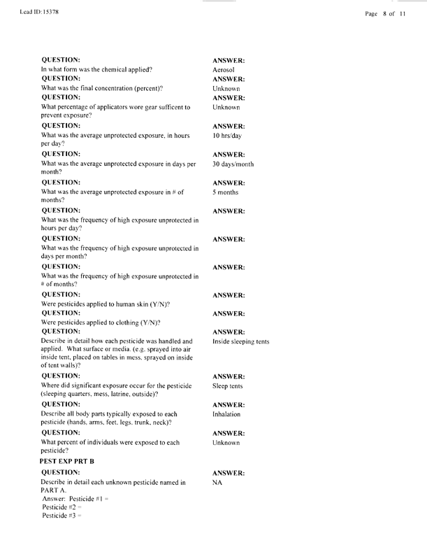   Lead Sheet #15378, Interview with 14th Medical Detachment preventive medicine specialist, March 9, 1998.