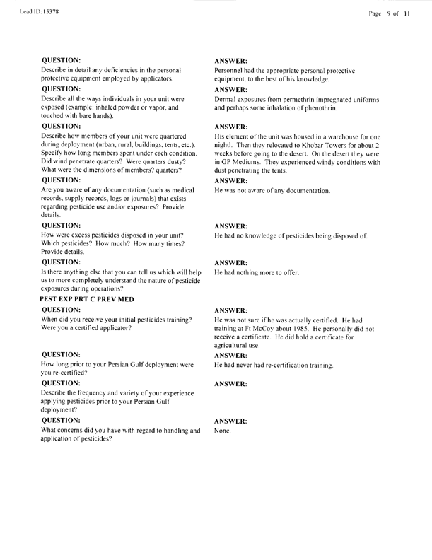   Lead Sheet #15378, Interview with 14th Medical Detachment preventive medicine specialist, March 9, 1998.